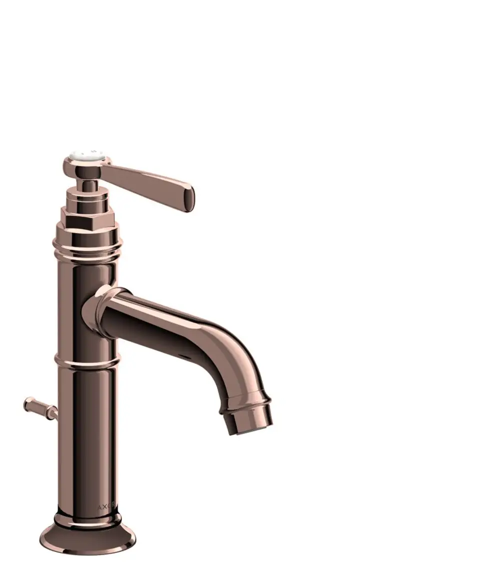 Waschtischmischer in Rotgold von AXOR mit Hebelgriff und seitlichem Zugstangen-Ablauf. Das Design zeigt eine schlichte, moderne Form.